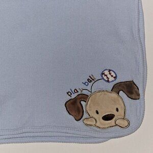 Just Born Play Ball Puppy Dog Baseball Blue Waffle Knit Thermal Baby Blanket